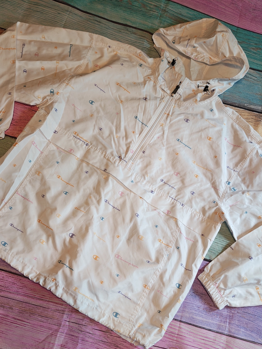 Large Champion White Hooded Pullover Windbreaker with Pastel Logo Print #1133